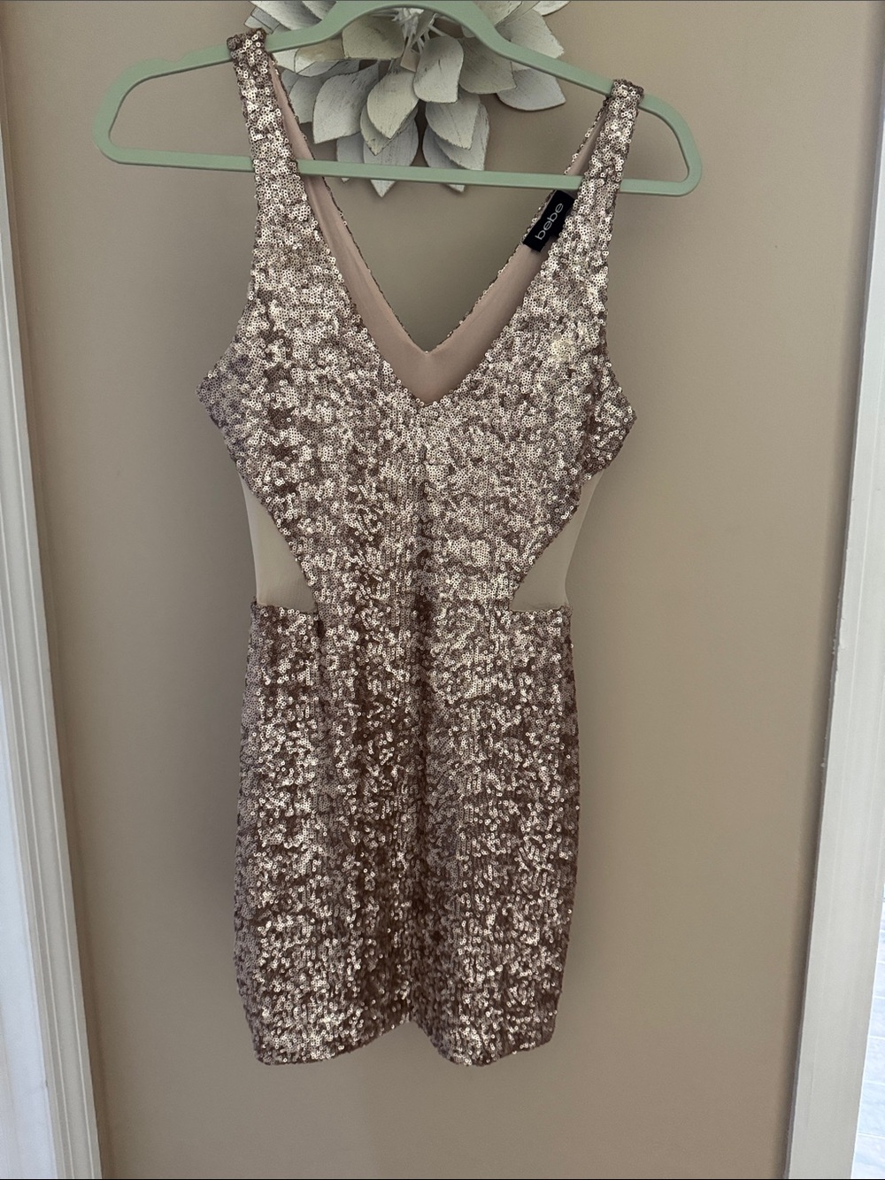 bebe Rose Gold Sequin Cutout Mini Dress